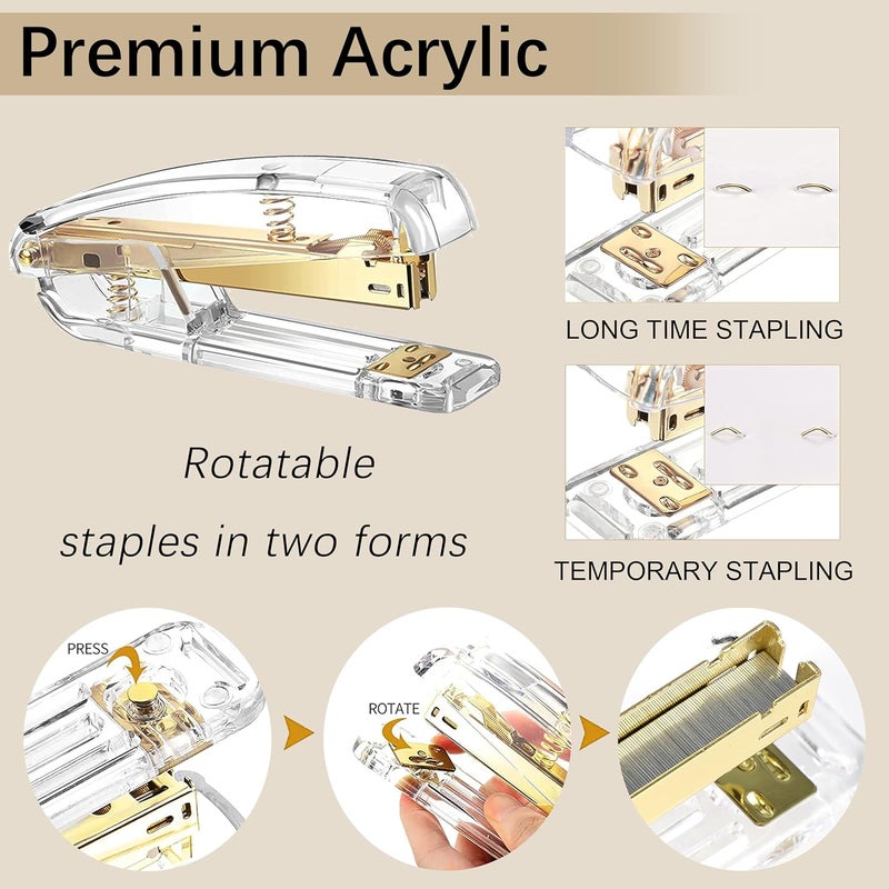 Dimonluce Gold Desk Accessories, Office Desk Organizers and Accessories 360°Pen Holder Acrylic Stapler Set, Phone Holder, Ballpoint Pen, Scissor, Binder Clips, Ruler, Transparent Glue, Sticky Note and Staples. - Image 3